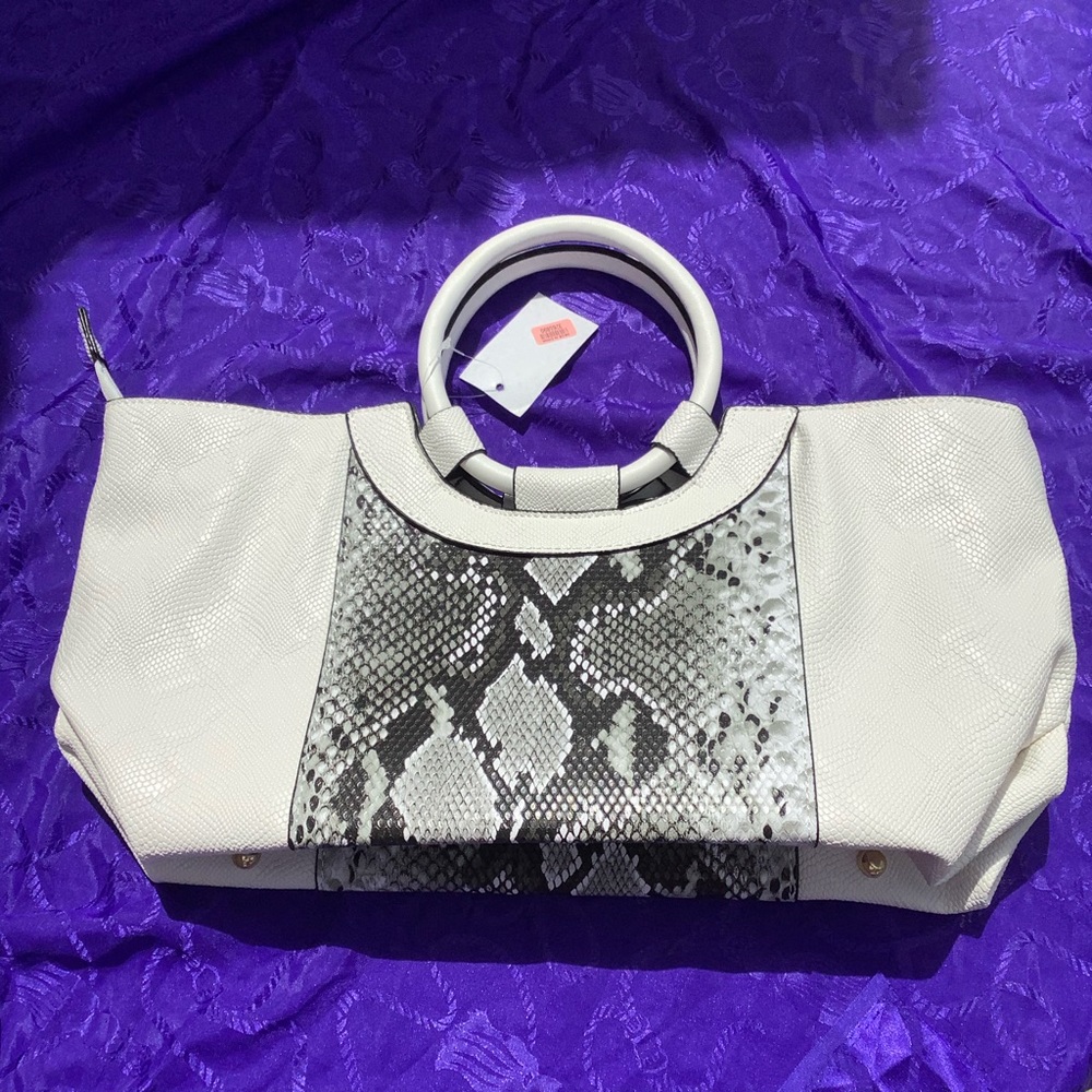 White Snake Pattern Faux Leather Tote Bag with Detachable Strap